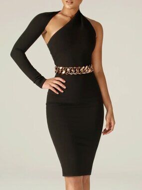 NWT Aliava Dasha One Shoulder Bodycon Midi Dress Black Women's XL